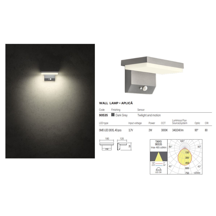 Redo 90535 - LED-Solarwandleuchte mit Sensor TAIYO LED/2W/3,7V 3000K 2200 mAh IP54 anthrazit