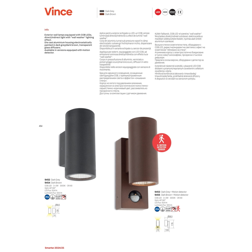 Redo 9455 - LED-Außenwandleuchte mit Sensor VINCE 2xLED/3W/230V IP54 braun