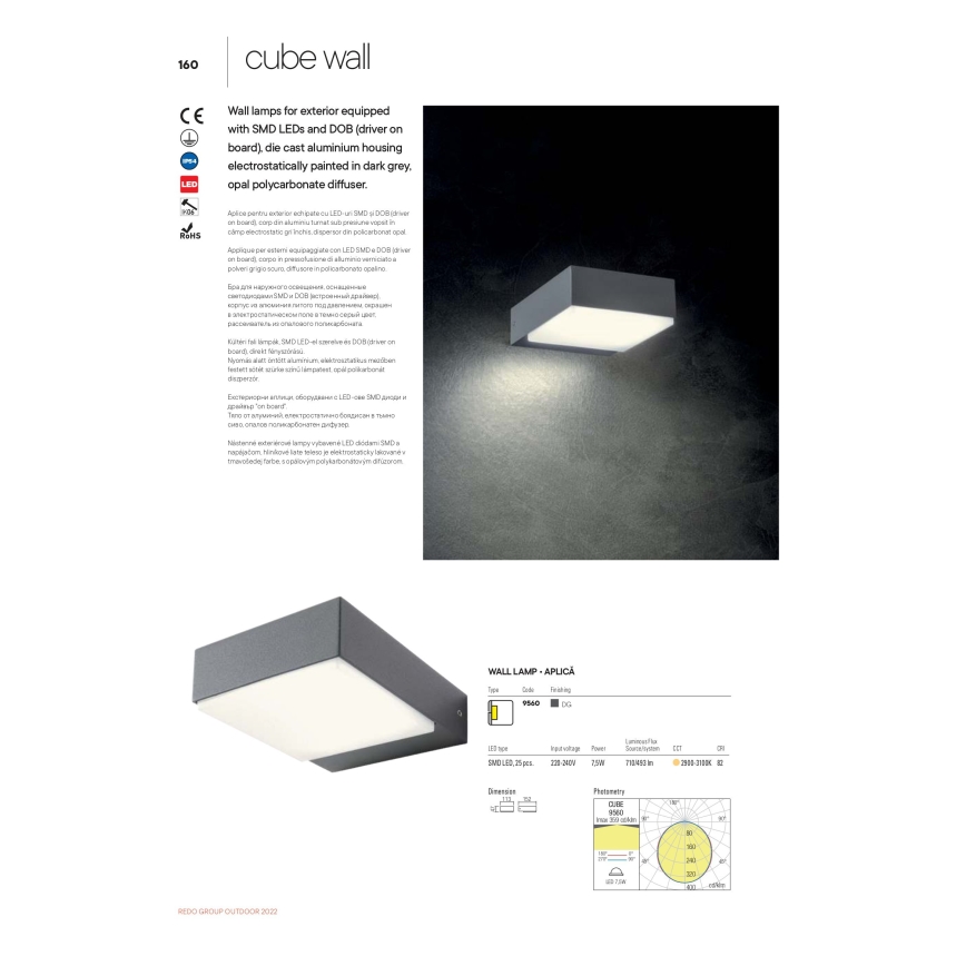 Redo 9560 - LED-Wandleuchte für den Außenbereich CUBE LED/7W/230V 3000K IP54 anthrazit