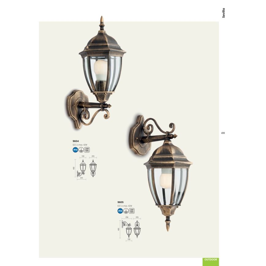 Redo 9605 - Outdoor-Wandleuchte SEVILLA 1xE27/42W/230V IP44 golden/Patina