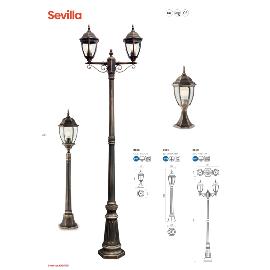 Redo 9606 - Außenleuchte SEVILLA 1xE27/42W/230V IP44 golden/Patina