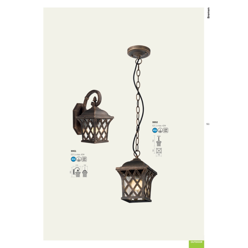 Redo 9951 - Outdoor-Wandleuchte BREMEN 1xE27/42W/230V IP23 golden/Patina