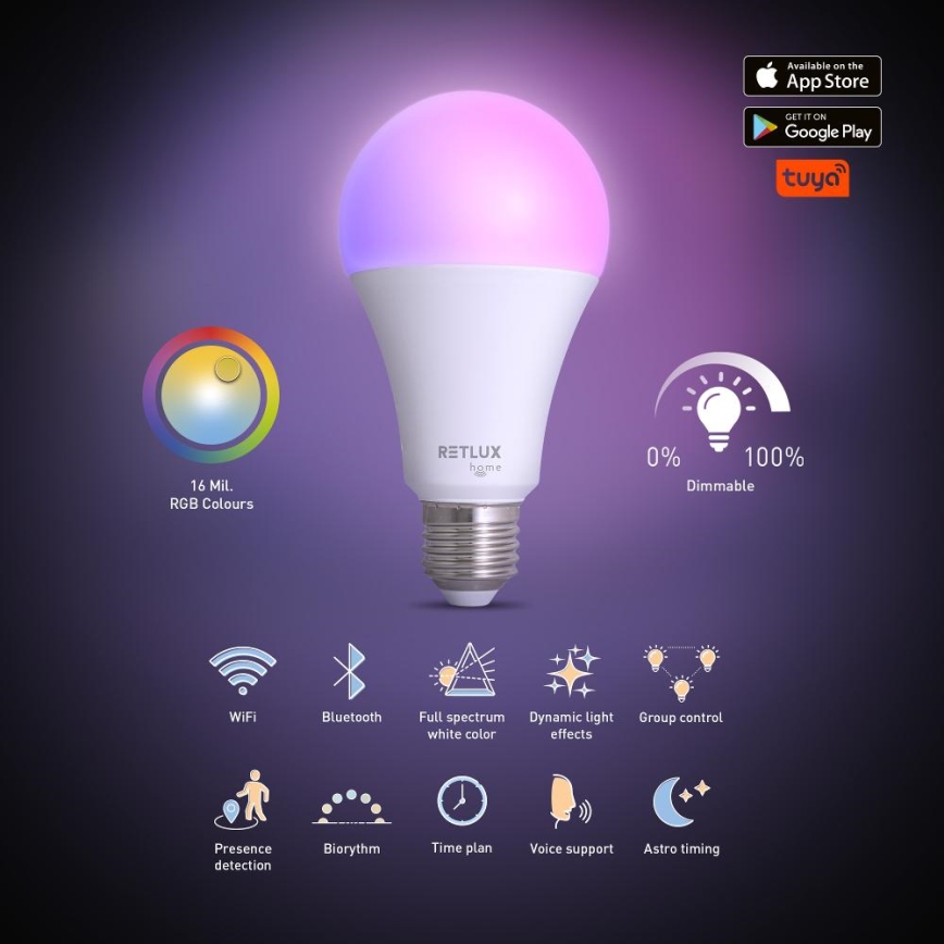 Dimmbare LED-RGBW-Lampe A70 E27/14W/230V 2700-6500K Wi-Fi Tuya