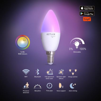 Dimmbare LED-RGBW-Lampe C37 E14/4,5W/230V 2700-6500K Wi-Fi Tuya