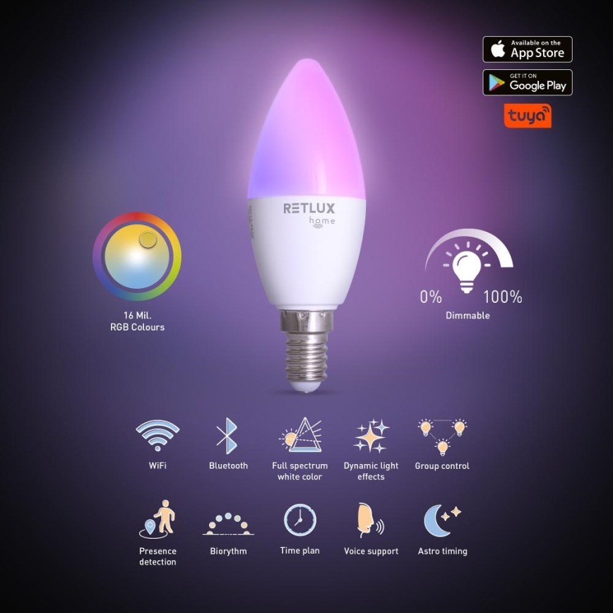 Dimmbare LED-RGBW-Lampe C37 E14/4,5W/230V 2700-6500K Wi-Fi Tuya