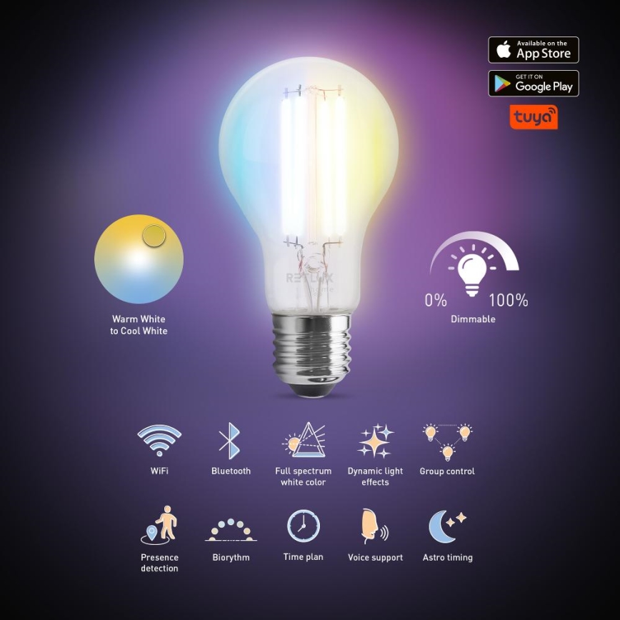 LED-Dimmable-Glühbirne FILAMENT A60 E27/7W/230V 2700-6500K Wi-Fi Tuya