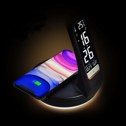 LED dimmbare Tischlampe mit kabelloser Qi-Ladestation 5W und Display LED/6W/230V/1xCR2032 3000/4000/6000K schwarz