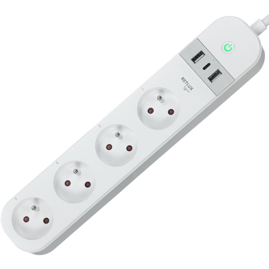 Smart-Verlängerungskabel mit Schalter 4Z Typ E + 2x USB-A + 1x USB-C 1,5m Wi-Fi Tuya weiß
