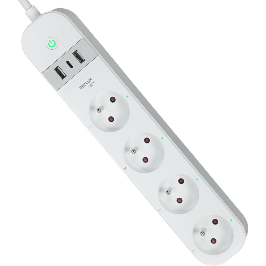Smart-Verlängerungskabel mit Schalter 4Z Typ E + 2x USB-A + 1x USB-C 1,5m Wi-Fi Tuya weiß