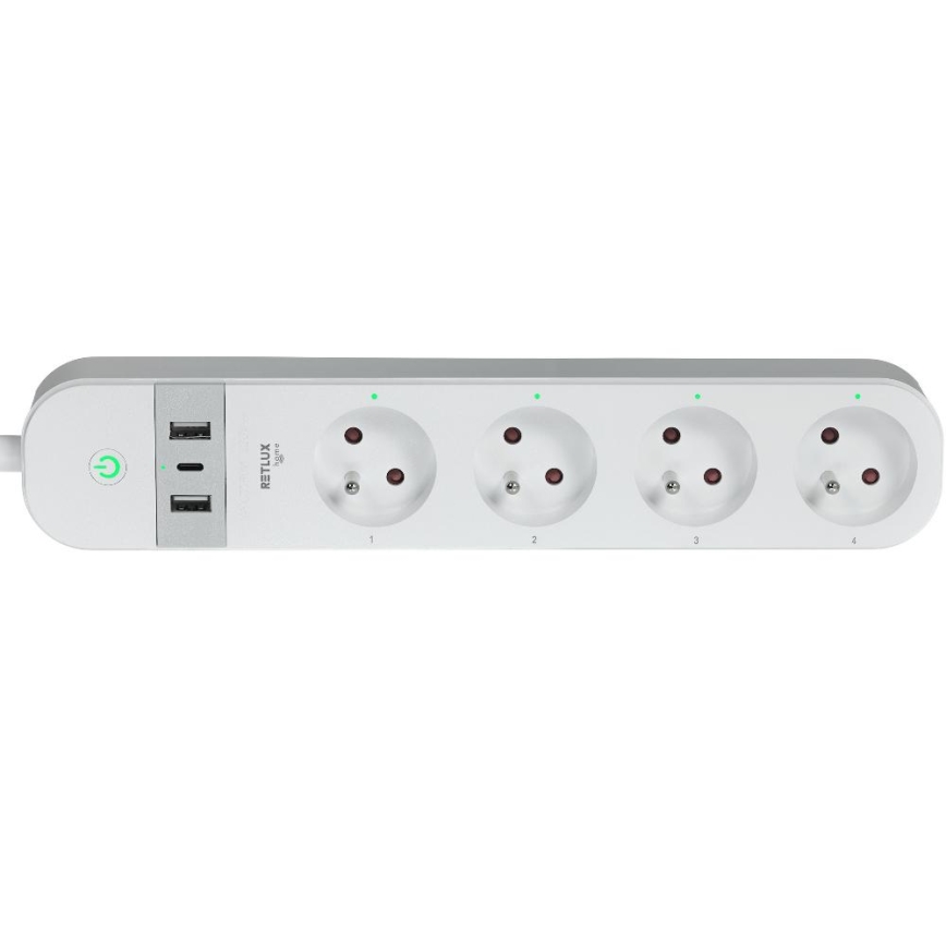 Smart-Verlängerungskabel mit Schalter 4Z Typ E + 2x USB-A + 1x USB-C 1,5m Wi-Fi Tuya weiß