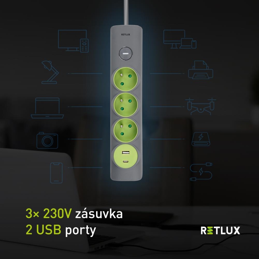 Retlux - Verlängerungskabel mit Schalter 3-fach Typ E + 1xUSB-A + 1xUSB-C 1,4m grau