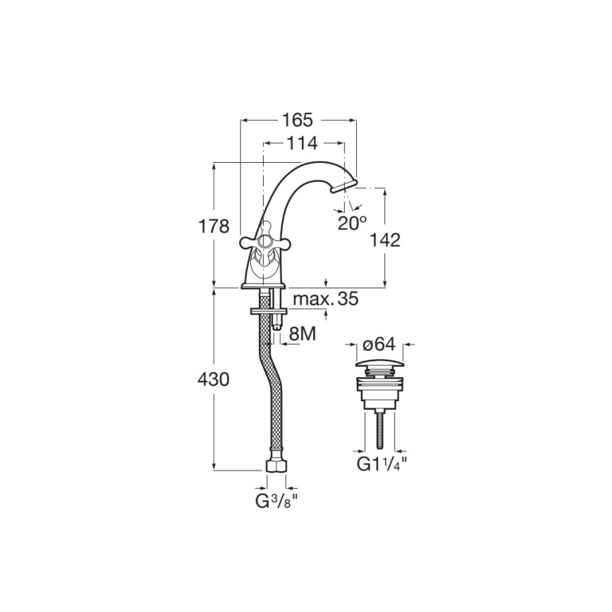 Roca A5A3A4BC00 - Waschtischarmatur mit Ablaufgarnitur und Überlauf CARMEN 17,8 cm Hochglanzchrom