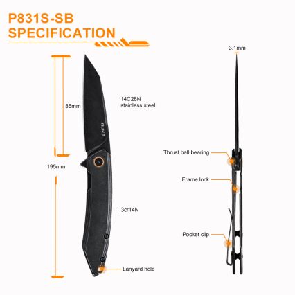 Ruike RUP831SSB - Folding compact Messer 19,5 cm schwarz