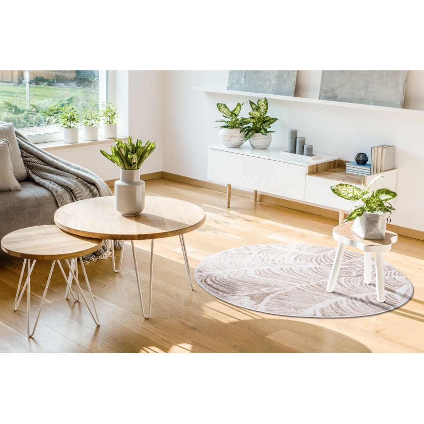 Runder Teppich SALAMANCA 100 cm beige/weiß/Blattmuster