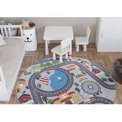Rutschfester Kinderteppich ARES STREETS 160 cm grau/Stadt