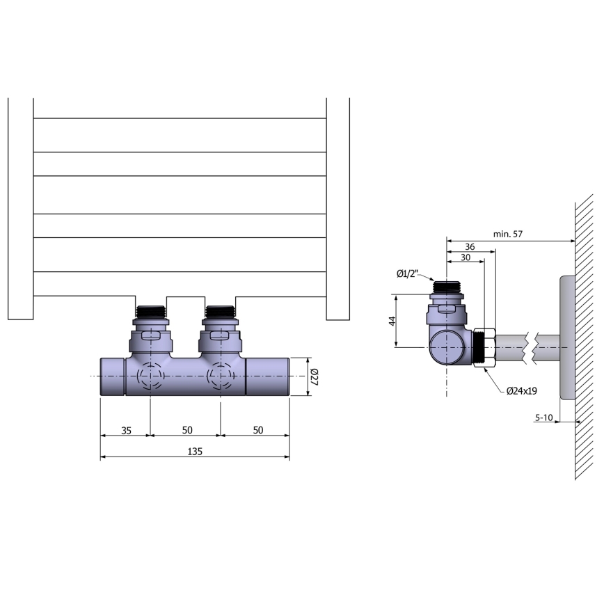 Sapho - Anschlusssatz mit Ventilen für Zentralanschluss TWIN, glänzender Chrom