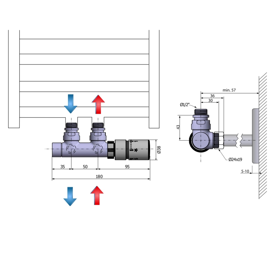 Sapho - Thermostat-Anschlussset für Zentralanschluss TWIN rechts / glänzender Chrom