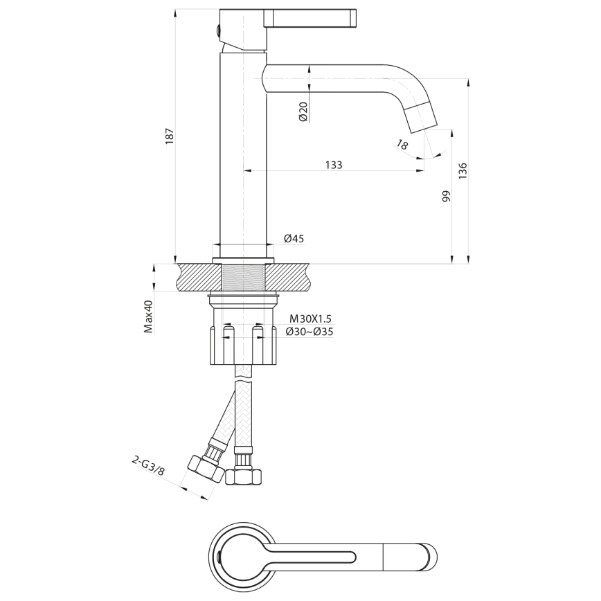 Sapho - Waschbeckenarmatur ICONIC 18,7 cm glänzendes Chrom