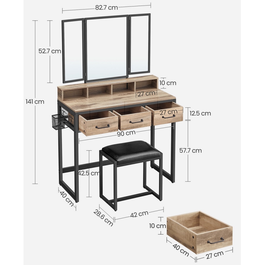 Schminktisch mit Hocker 28,6 x 42 cm FLORA braun/schwarz