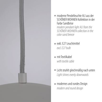 Schöner Wohnen 11728-39 - Pendelleuchte ALI mit Kabel, 1x E27/25W/230V, Ø 38 cm, grau