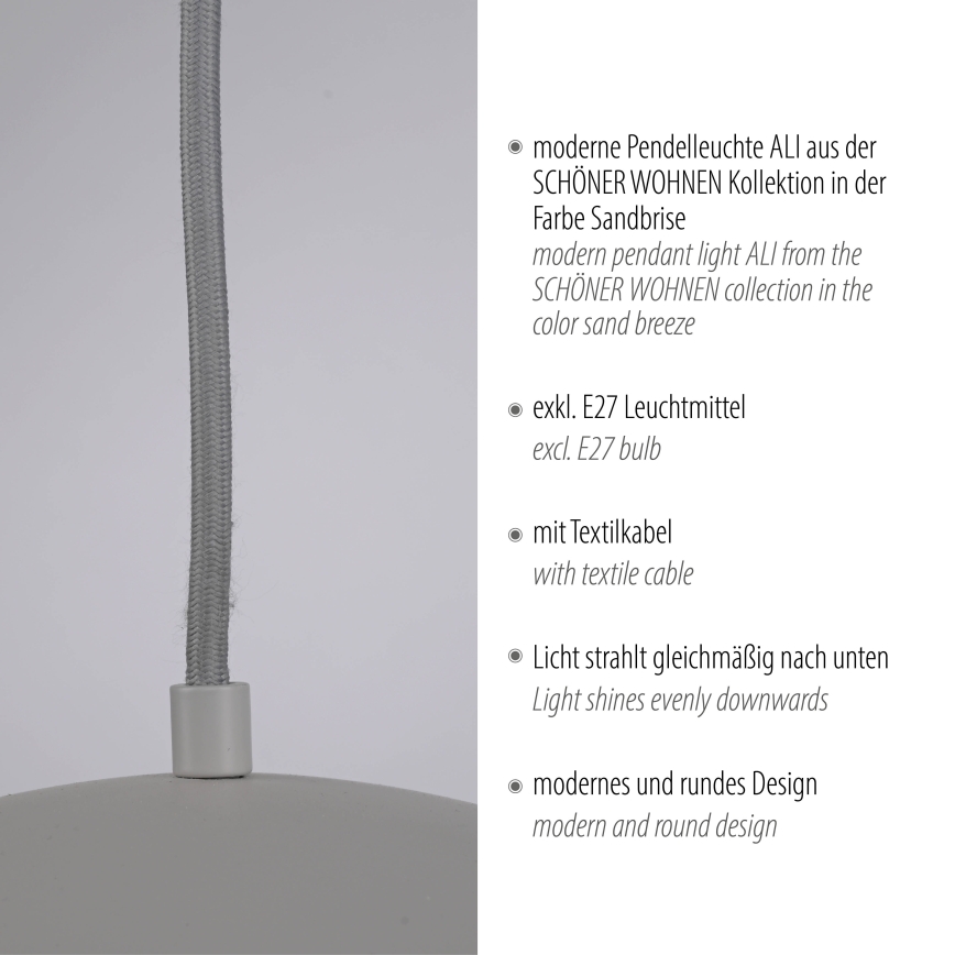 Schöner Wohnen 11728-39 - Pendelleuchte ALI mit Kabel, 1x E27/25W/230V, Ø 38 cm, grau