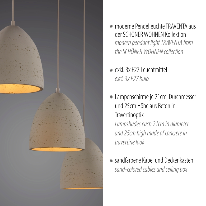 Schöner Wohnen 12541-42 - Pendelleuchte TRAVENTA, 3xE27/40W/230V, Beton
