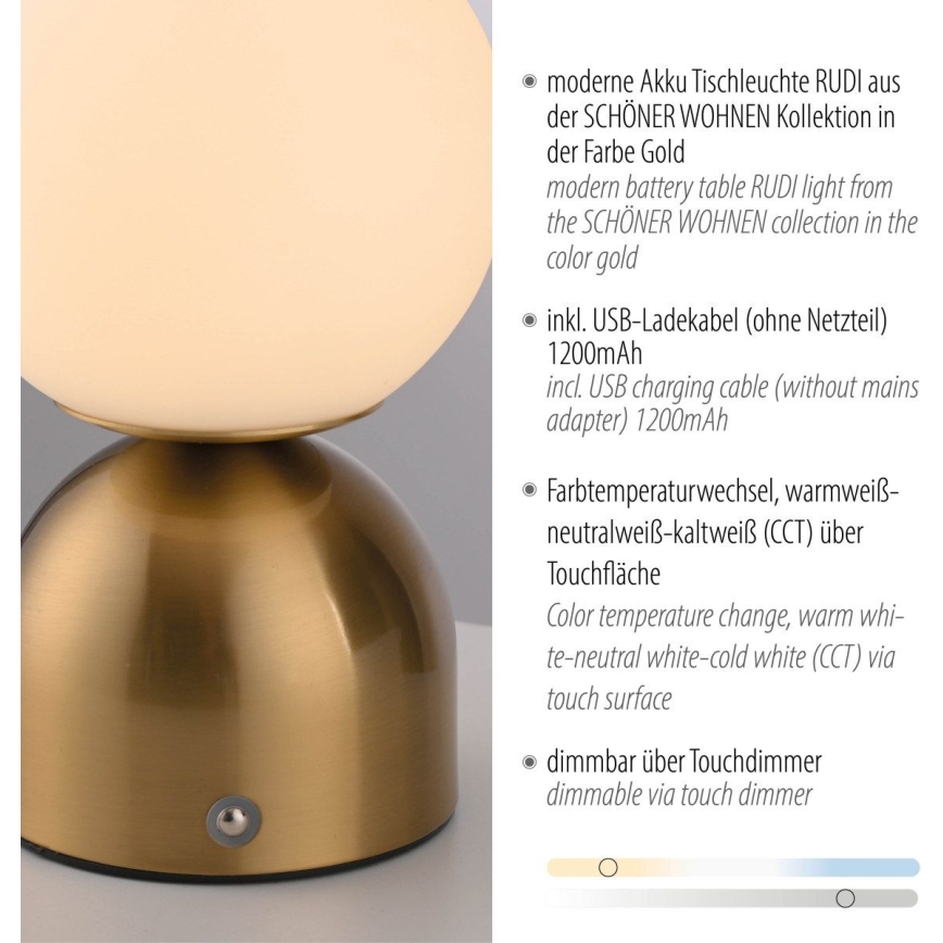 Schöner Wohnen 19218-12 - Dimmbare, per Touch bedienbare, wiederaufladbare LED-Tischlampe RUDI LED/1,2W/5V 3000-6000K 1200 mAh gold