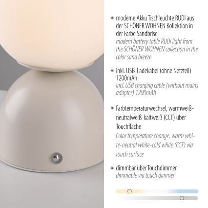 Schöner Wohnen 19218-39 - Aufladbare, per Touch dimmbare LED-Tischlampe RUDI LED/1,2W/5V 3000-6000K 1200 mAh grau