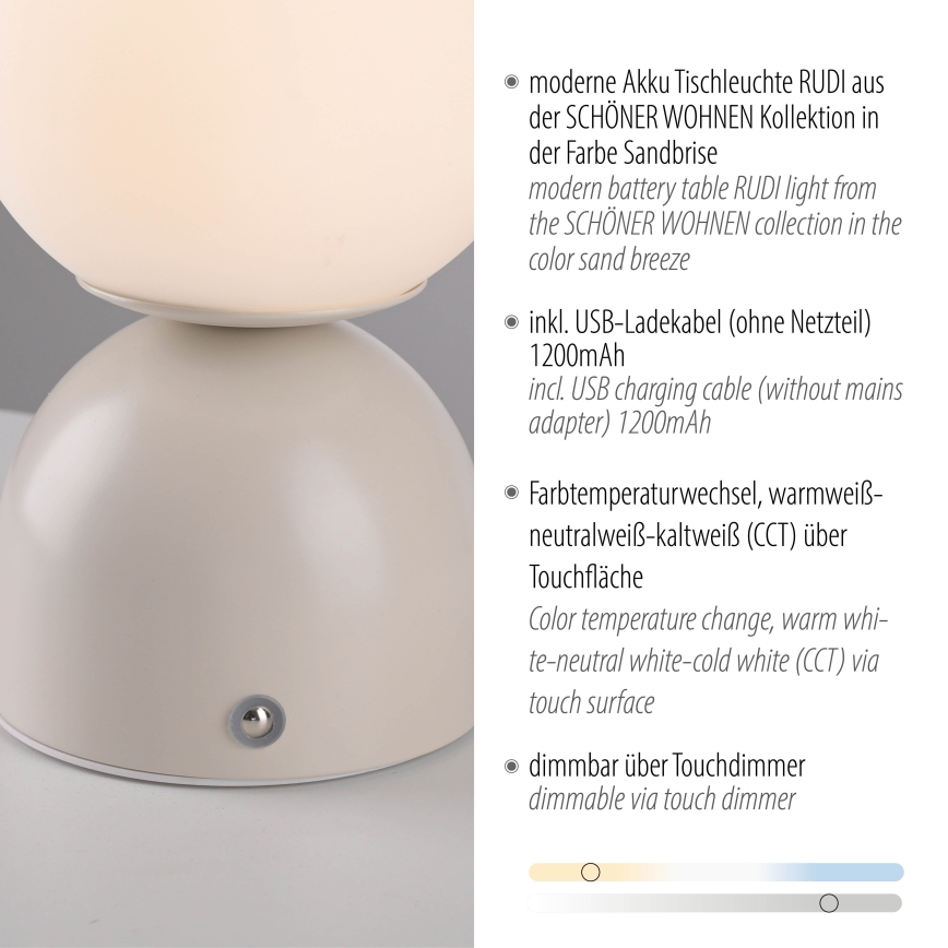 Schöner Wohnen 19218-39 - Aufladbare, per Touch dimmbare LED-Tischlampe RUDI LED/1,2W/5V 3000-6000K 1200 mAh grau