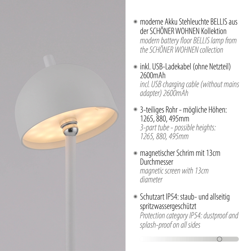 Schöner Wohnen 19245-16 - dimmbare, mit Touch-Bedienung, wiederaufladbare Outdoor-Stehleuchte BELLIS LED/2,5W/5V 2600 mAh IP54 weiß