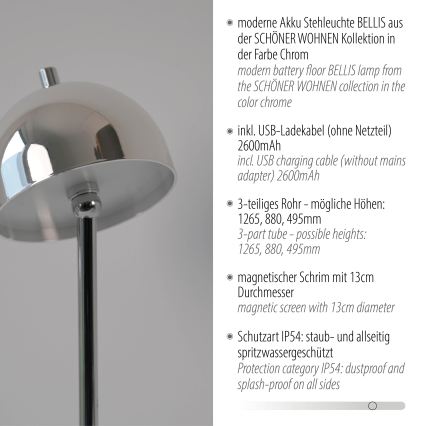 Schöner Wohnen 19245-17 - LED dimmbar mit Touch-Bedienung, wiederaufladbare Außen-Stehleuchte BELLIS LED/2,5W/5V 2600 mAh IP54 glänzender Chrom
