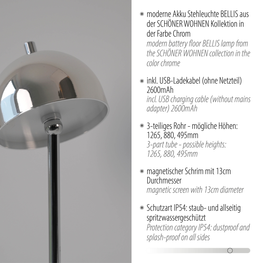 Schöner Wohnen 19245-17 - LED dimmbar mit Touch-Bedienung, wiederaufladbare Außen-Stehleuchte BELLIS LED/2,5W/5V 2600 mAh IP54 glänzender Chrom