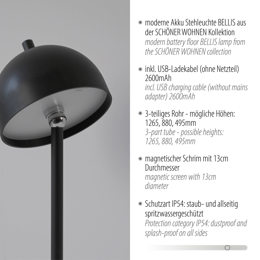 Schöner Wohnen 19245-18 - dimmbare, touchbedienbare, wiederaufladbare Außen-Stehlampe BELLIS LED/2,5W/5V 2600 mAh IP54 schwarz