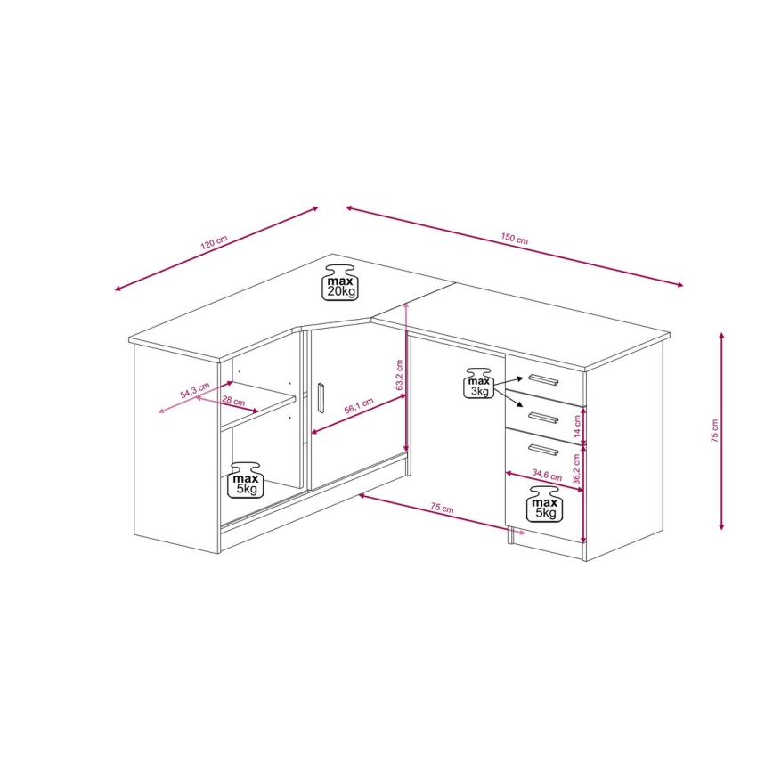 Schreibtisch mit Regal und Schubladen ROBERTO, links, Artisan-Eiche/Weiß