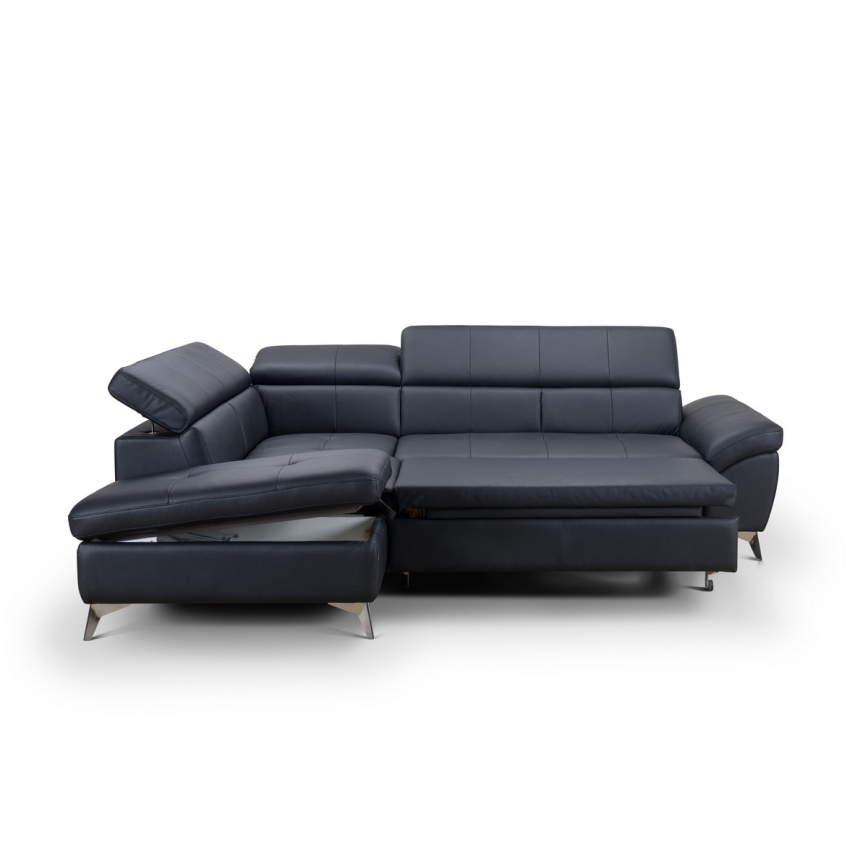 Ausziehbare Eckledercouch in L-Form SALERNO II links, schwarz