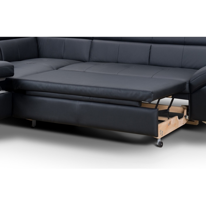 Ausziehbare Eckledercouch in L-Form SALERNO II links, schwarz