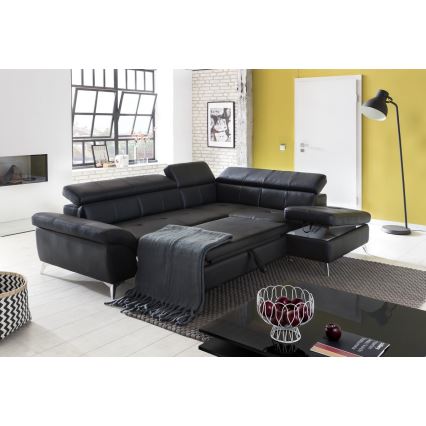 Ausziehbare Eckledergarnitur in L-Form SALERNO II, rechts, schwarz