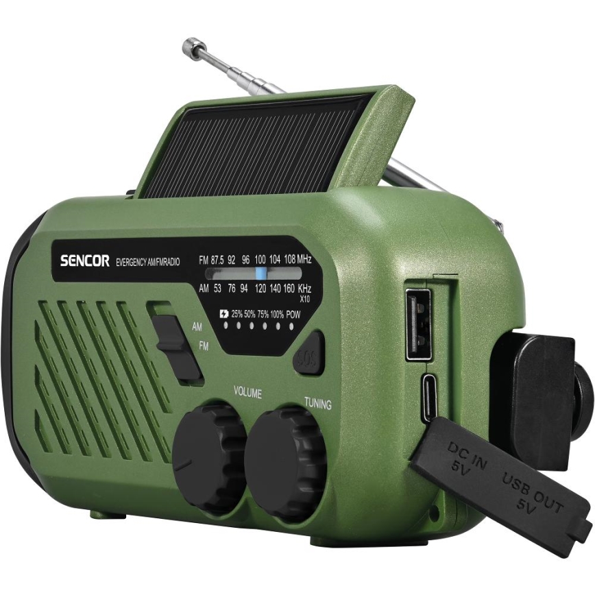 Sencor - Camping-Radio mit Solarpanel und LED-Taschenlampe 5V/2000 mAh IPX4 grün
