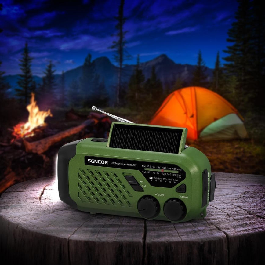 Sencor - Camping-Radio mit Kurbel, Solarpanel und LED-Taschenlampe, 5V/2000 mAh, IPX4, grün
