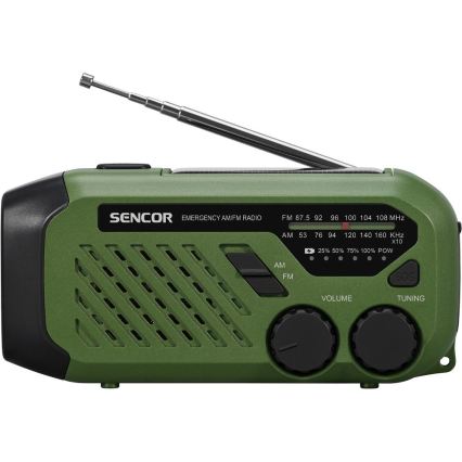 Sencor - Camping-Radio mit Kurbel, Solarpanel und LED-Taschenlampe, 5V/2000 mAh, IPX4, grün