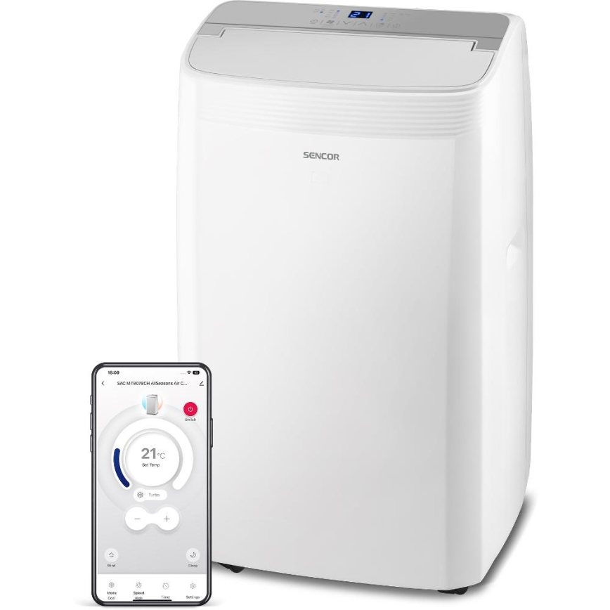 Sencor - Smarte mobile Klimaanlage 5-in-1, inkl. Komplettzubehör, 733 W/230 V, 9000 BTU, Wi-Fi, weiß + Fernbedienung