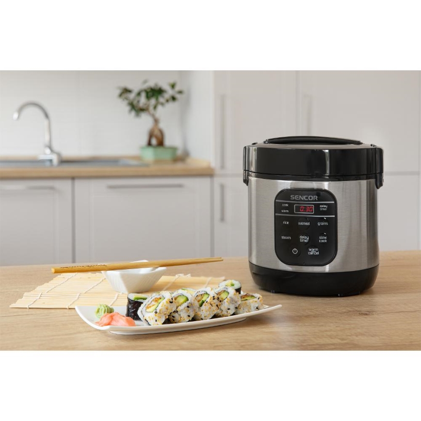 Sencor - Multifunktionaler Reiskocher 350W/230V 0,6 l Edelstahl/Schwarz