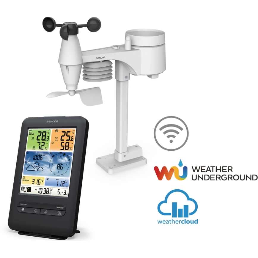 Sencor - Professionelle Wetterstation mit farbigem LCD-Display 1xCR2032 + 3xAA Wi-Fi