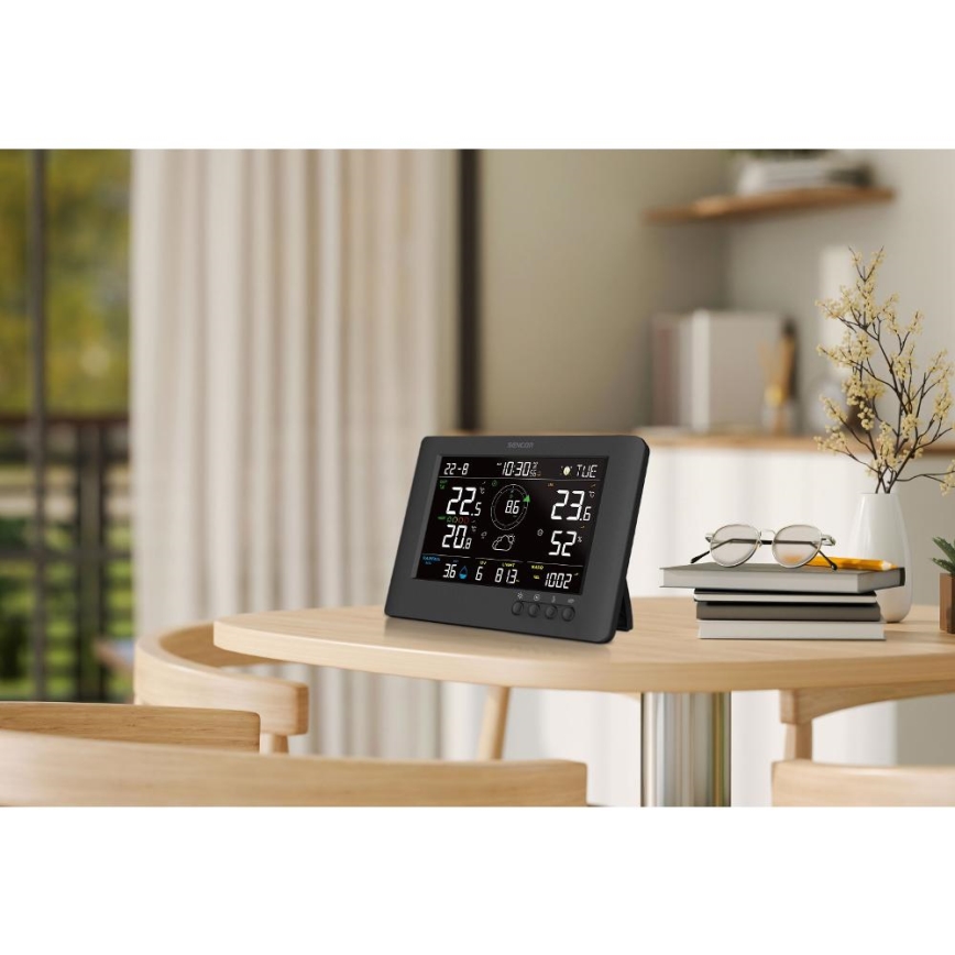 Sencor - Professionelle Wetterstation mit farbigem LCD-Display und Alarmfunktion 5V/1xCR2032 + 3xAA