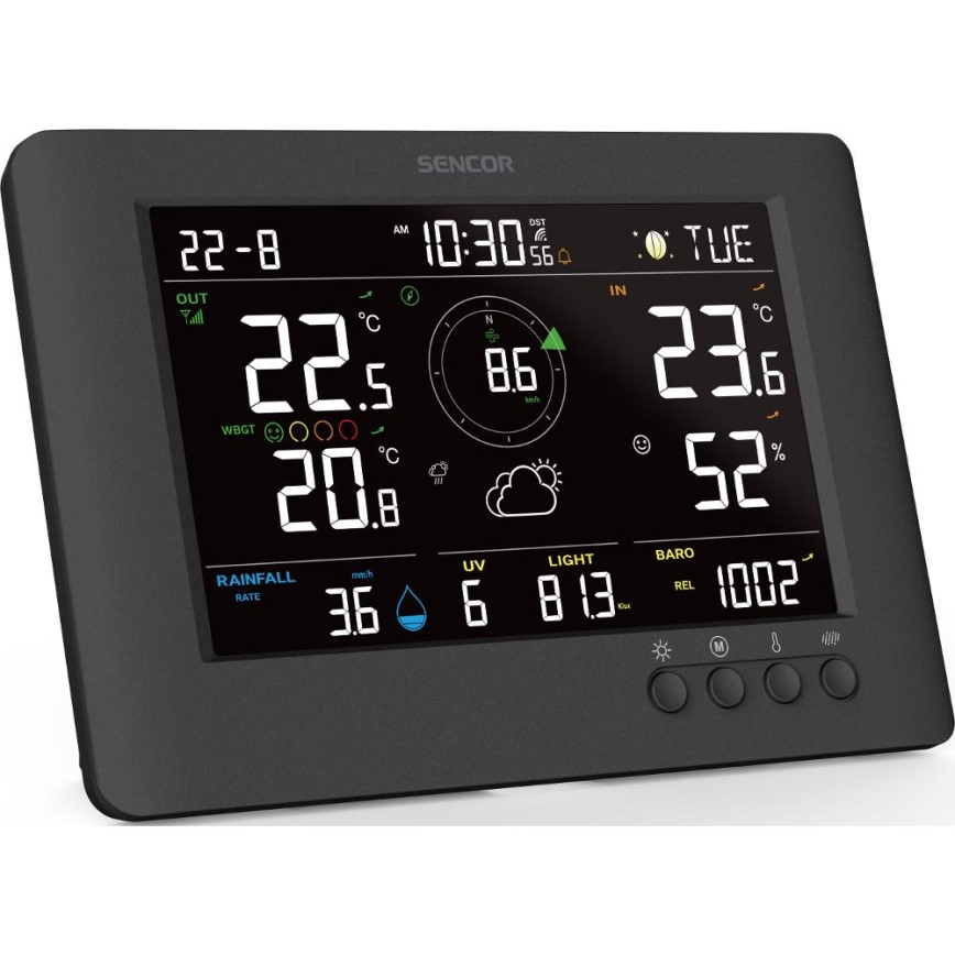 Sencor - Professionelle Wetterstation mit farbigem LCD-Display und Alarmfunktion 5V/1xCR2032 + 3xAA