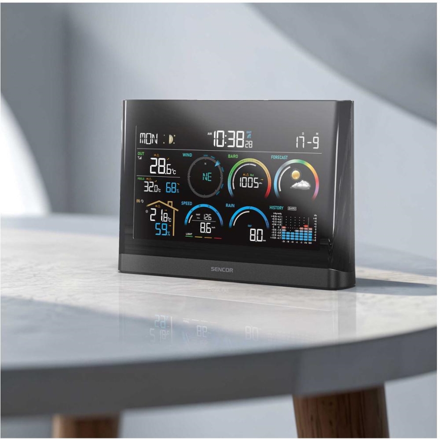 Sencor - Professionelle Wetterstation mit farbigem LCD-Display und Wecker 5V/3xAAA + 3xAA