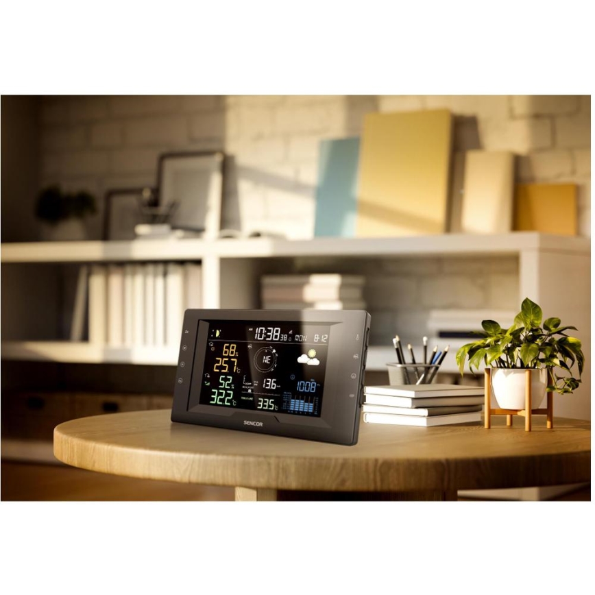 Sencor - Professionelle Wetterstation mit farbigem LCD-Display und Wecker 5V/1xCR2032 + 3xAA