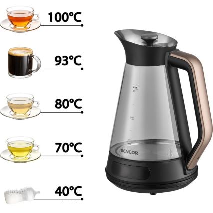Sencor - Wasserkocher mit Temperaturregelung, 1,5 l, 2150 W/230 V, schwarz/Roségold
