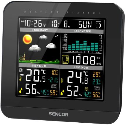 Sencor - Wetterstation mit Farb-LCD-Anzeige und Wecker 3xAAA + 2x AA schwarz