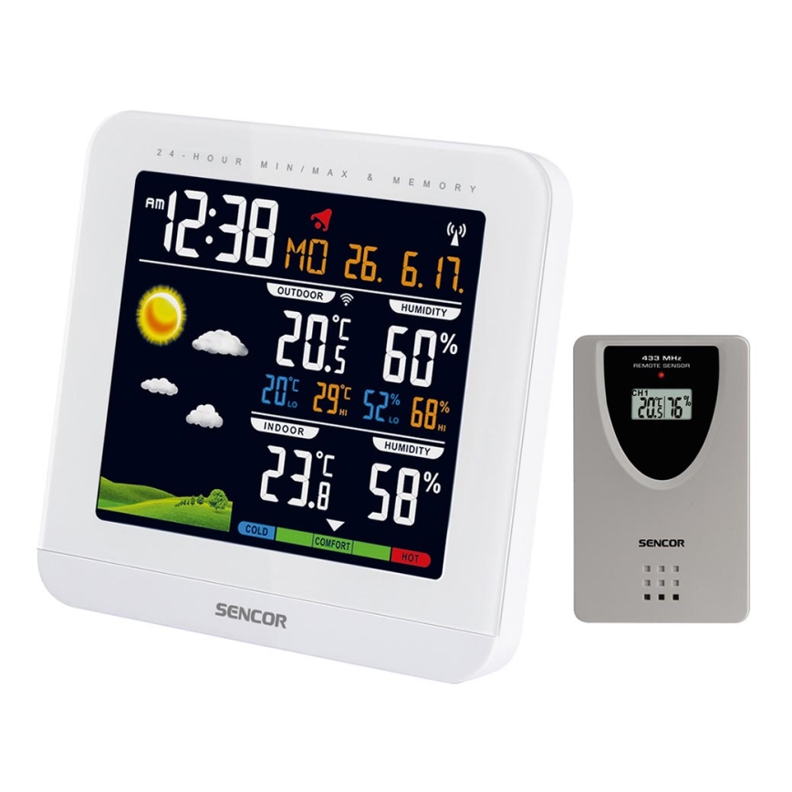Sencor - Wetterstation mit Farb-LCD-Anzeige und Wecker 3xAAA + 2xAAA weiß
